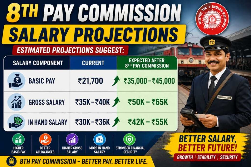 Estimated projections suggest

Salary ComponentCurrentExpected After 8th Pay CommissionBasic Pay₹21,700₹35,000–₹45,000Gross Salary₹35K–₹40K₹50K–₹65KIn Hand Salary₹30K–₹36K₹42K–₹55K