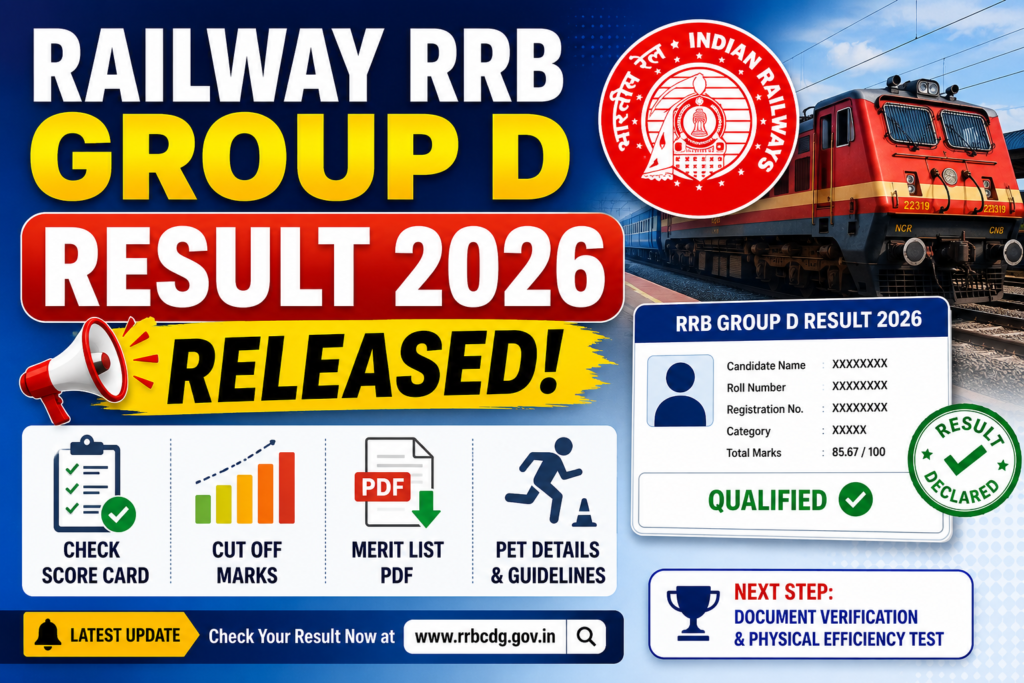 Railway RRB Group D Result 2026 Released Check Score Card, Cut Off, Merit List PDF & PET Details