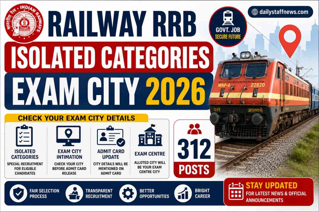 Railway RRB Isolated Categories Exam City 2026 for 312 Post