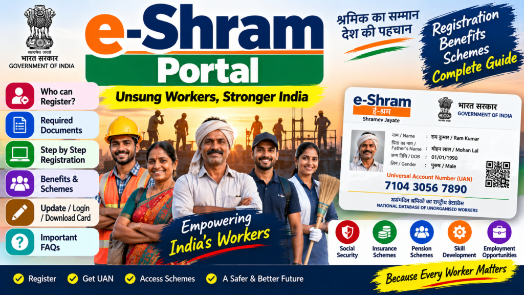 e-Shram Portal ई-श्रम कार्ड क्या है, कौन बनवा सकता है, Registration और Benefits की पूरी जानकारी